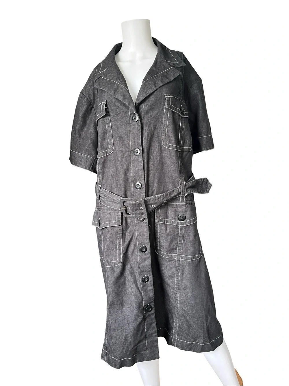 Robert Louis Belted Midi Dress Faded Black Utility Button Up Womens Plus Size 3X